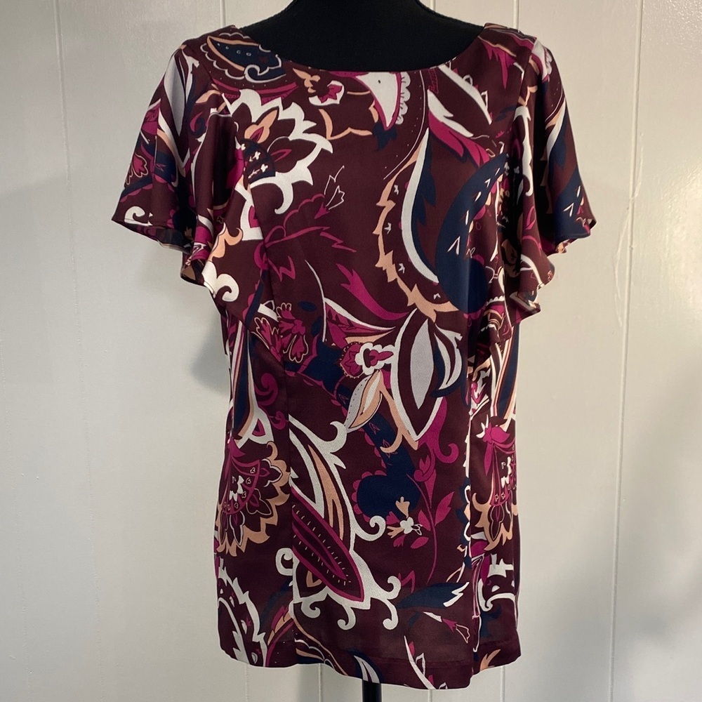 Banana Republic Blouse Paisley Flutter Sleeve Burgundy Navy Pink Career Size 12